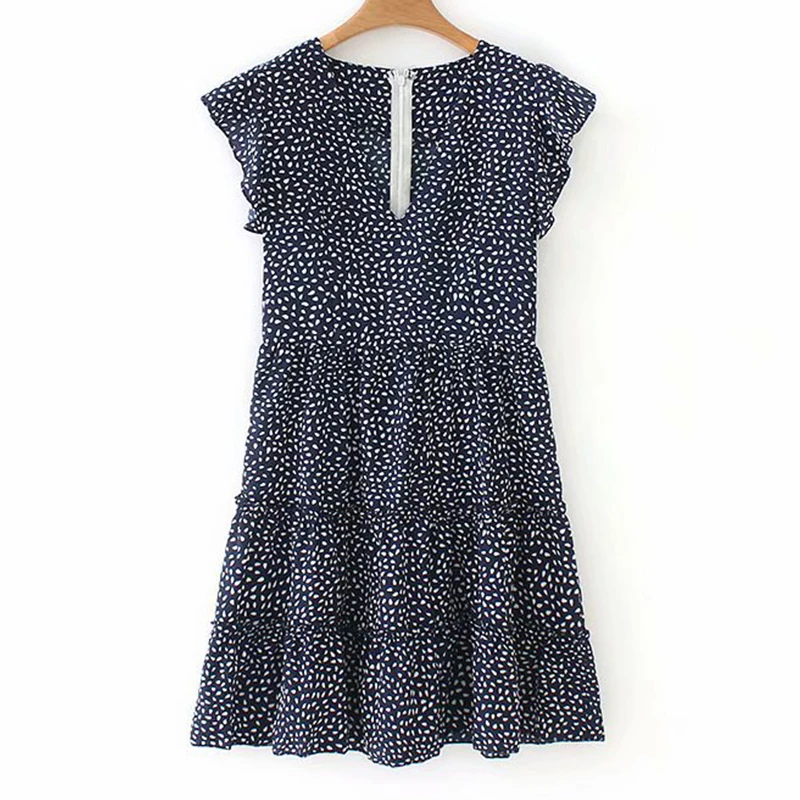 Women's Clothing Dress 2019 V-neck Ruffled Raindrop Print Waist Elastic Dress Ms Summer Street Slim Fit Temperament Clothing