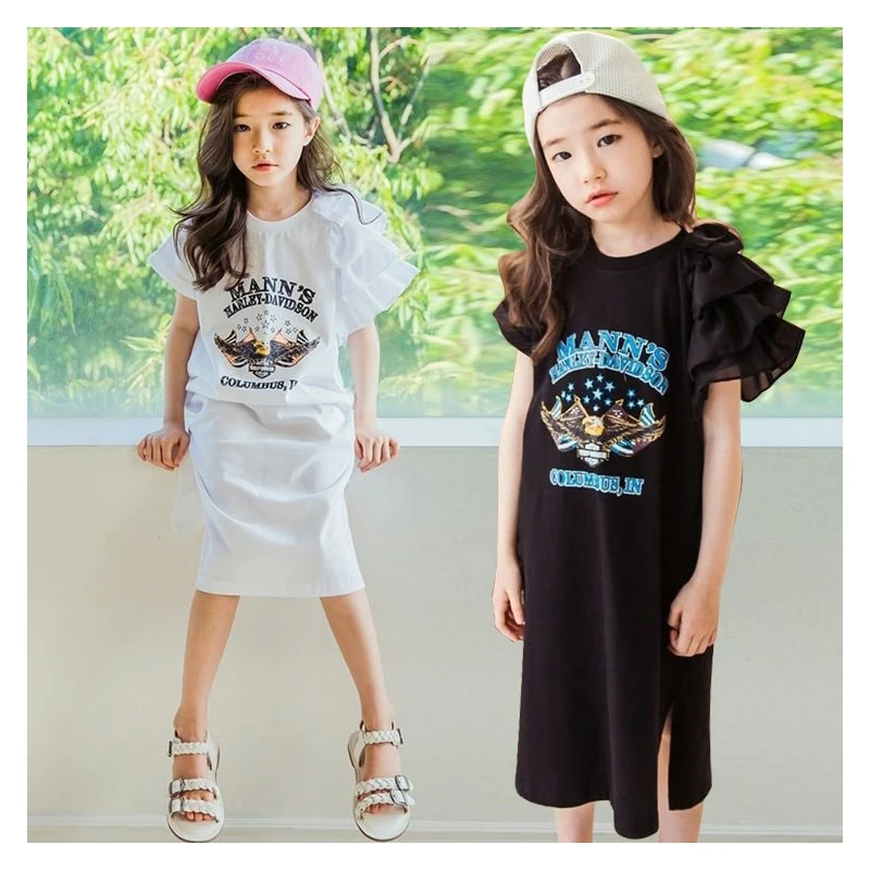 

Girl Shirt Dress Summer Cotton Long Dress for Girls Fashion Print A-Line Kids Dresses Casual Black White Children Clothes 6 8 10