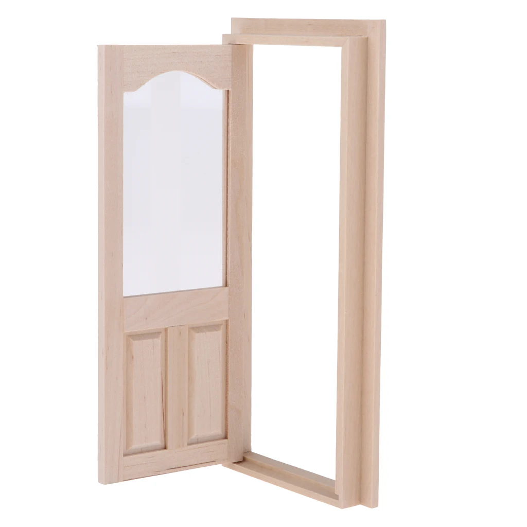 Wood Miniature 2-Pane Single Door Frame 1/12 Dollhouse DIY Decor Accessory Kids Pretend Play Toy Dollhouse Accessories