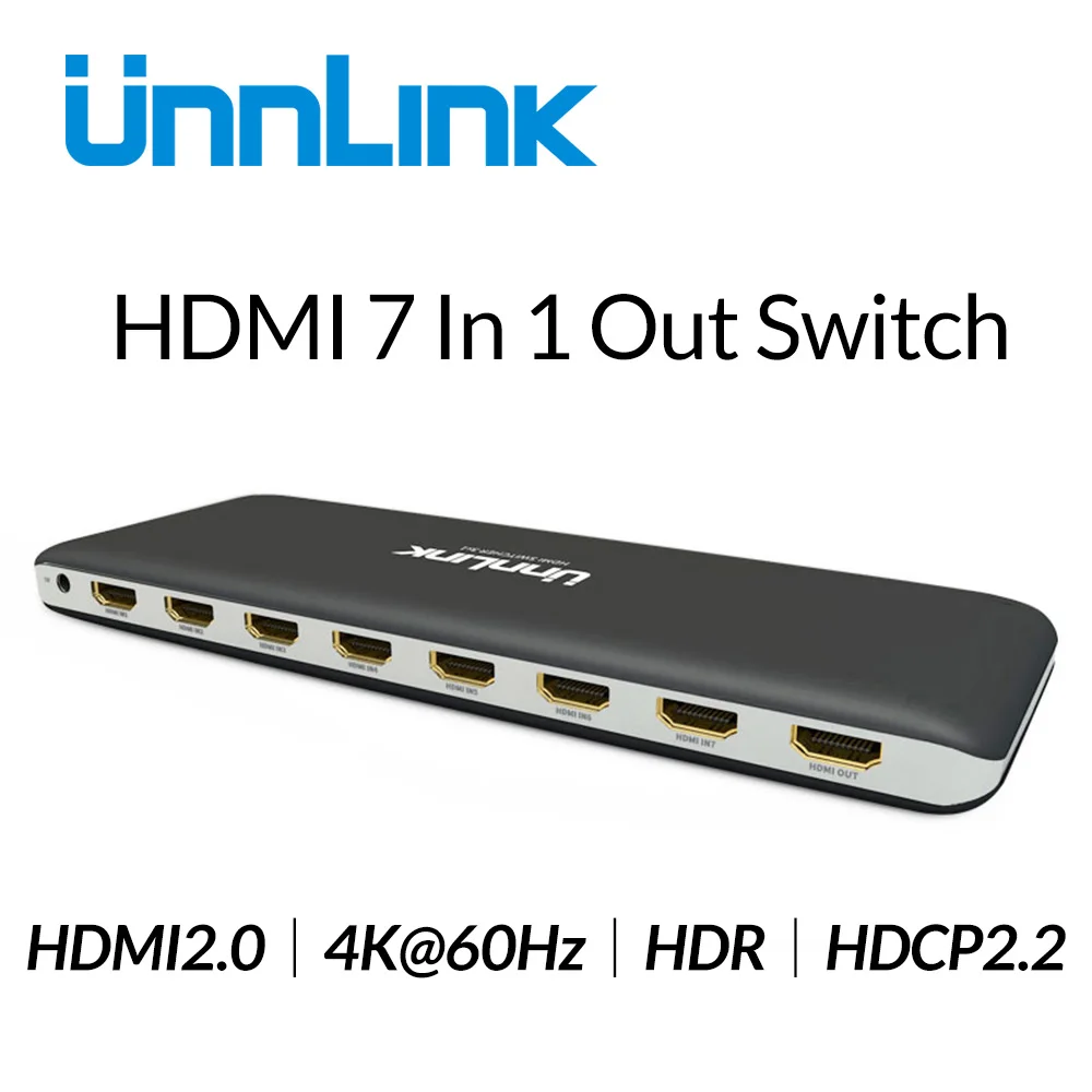 Unnlink HDMI Switch 7X1 HDMI 2.0 UHD 4K@60Hz 10Bit HDR HDCP2.2 3D with IR for Xbox One s/x PS4Pro LED Smart TV mi box3 Projector