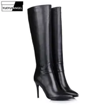 Женские сапоги на платформе из натуральной кожи; сапоги на тонком высоком каблуке; сапоги до колена с острым носком и боковой молнией; женские пикантные элегантные сапоги