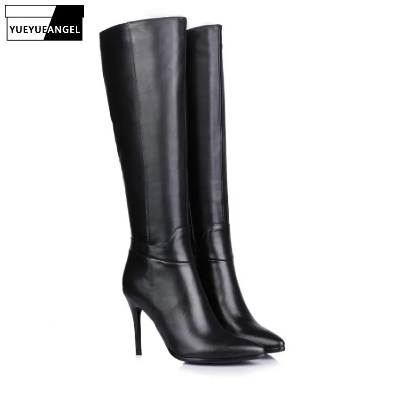 Black Punta Piattaforma Cerniera Da Ginocchio Laterale Alti Eleganti Femminili Tacco Sexy Sottile Donna Genuino A Scarpe Del Stivali Della Cuoio twv7HFFq