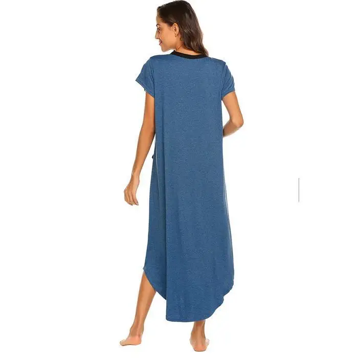 Ekouaer, Женская длинная ночная рубашка, сорочка, ночная рубашка с v-образным вырезом, короткий рукав, одноцветная, свободная, на пуговицах, пижама с карманами, ночная рубашка