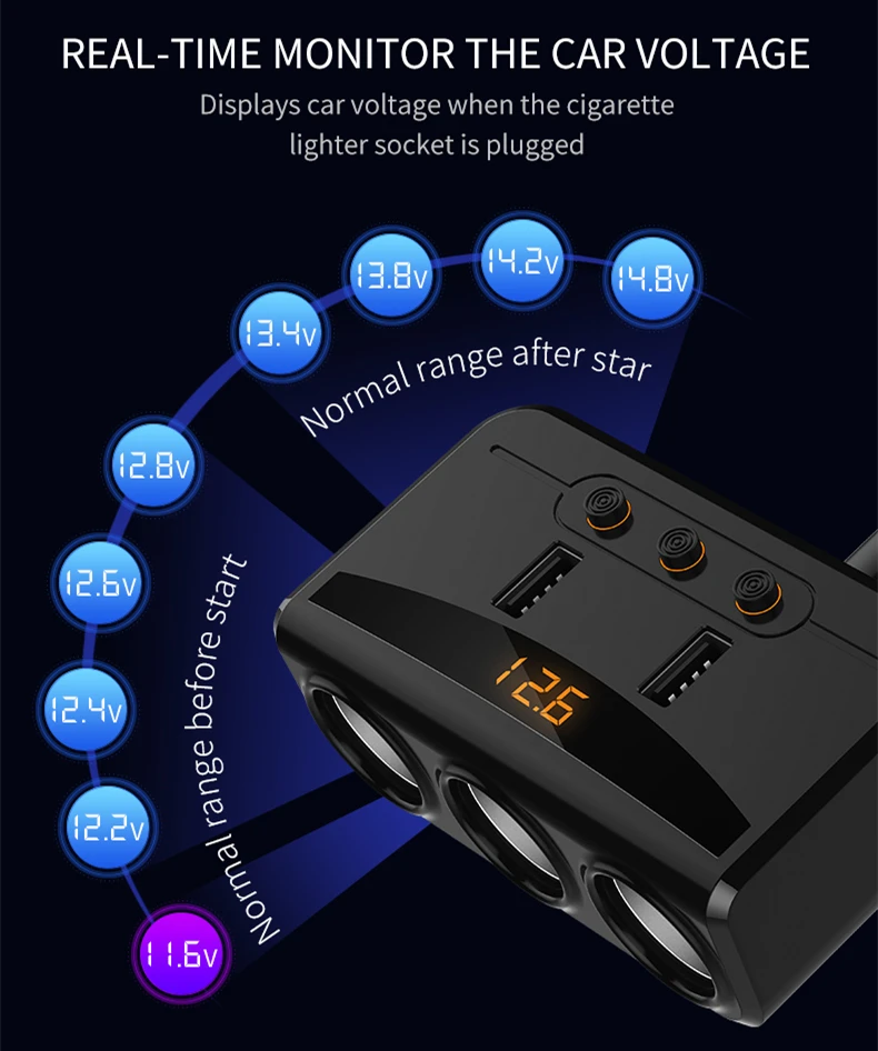 Автомобильный Разветвитель Прикуривателя с 3 гнездами, 2USB порта, адаптер зарядного устройства с переключателем, светодиодный дисплей с определением напряжения