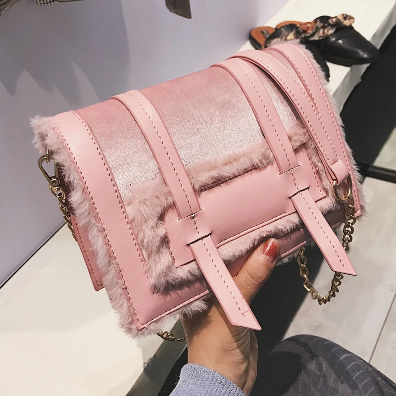 

2018 New Fashion Handbags Quality Velvet Women's Designer Handbag Splicing Plush Sweet Square bag Chain Shoulder Messenger bags