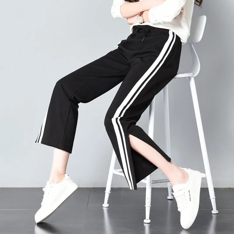 2018 Women Long Pant Casual Style Side Belt White Striped