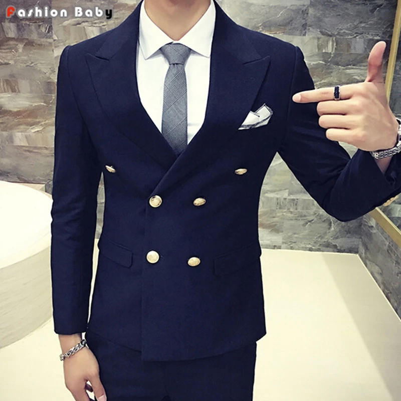 Men's Double breasted Dress Casual Blazer Slim Fit 2016 Fashion Golden Buttons Party Wedding