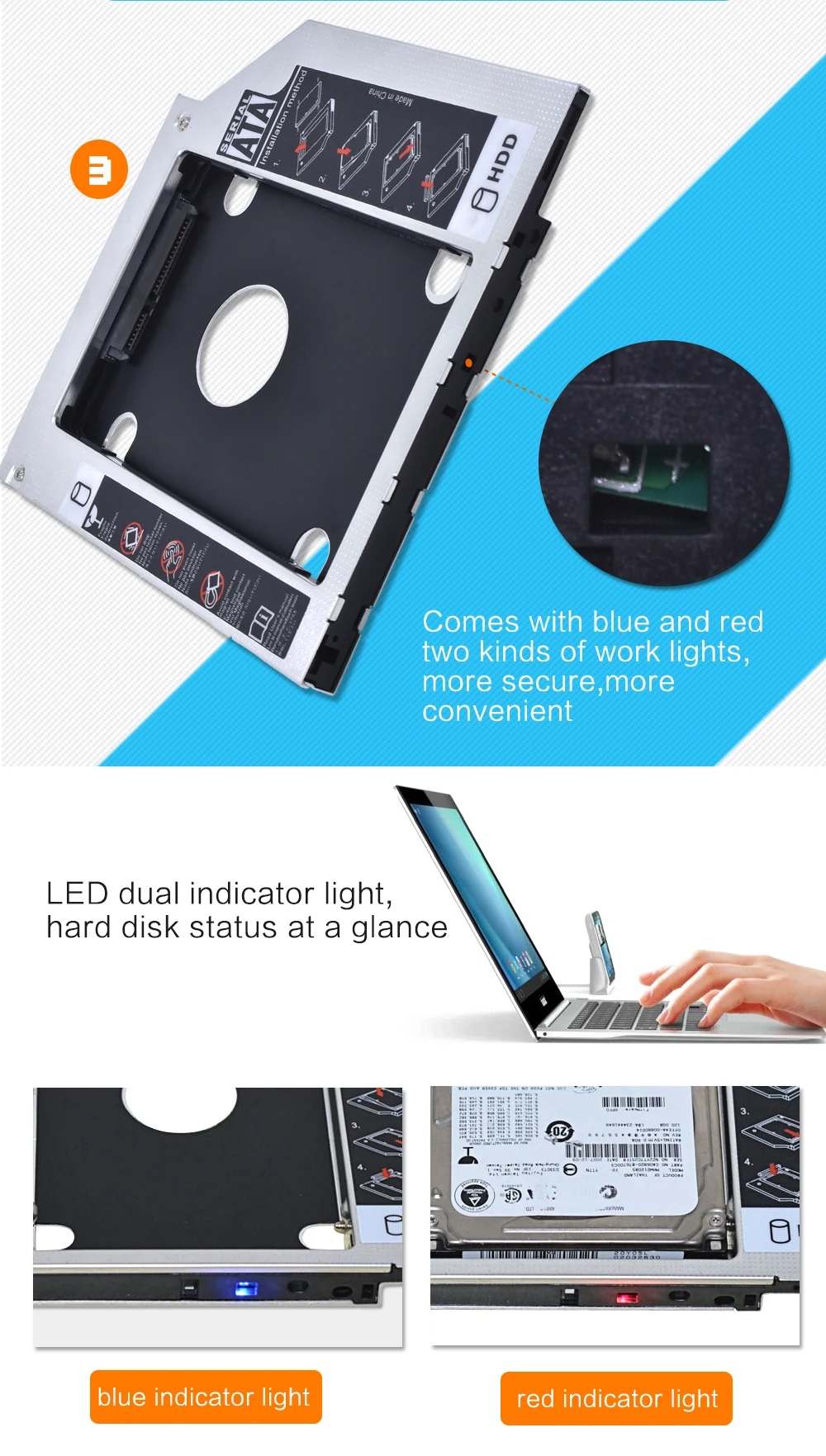 TISHRIC алюминиевый Универсальный 2nd HDD Caddy 9,5 мм SATA 3,0 Optibay чехол 2," SSD DVD привод коробка корпус адаптер для ноутбука