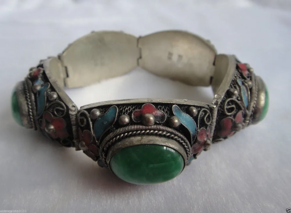 

FREE shipping>Collectible tibet Handwork inlay natural green Jade Cloisonne Flower bracelet