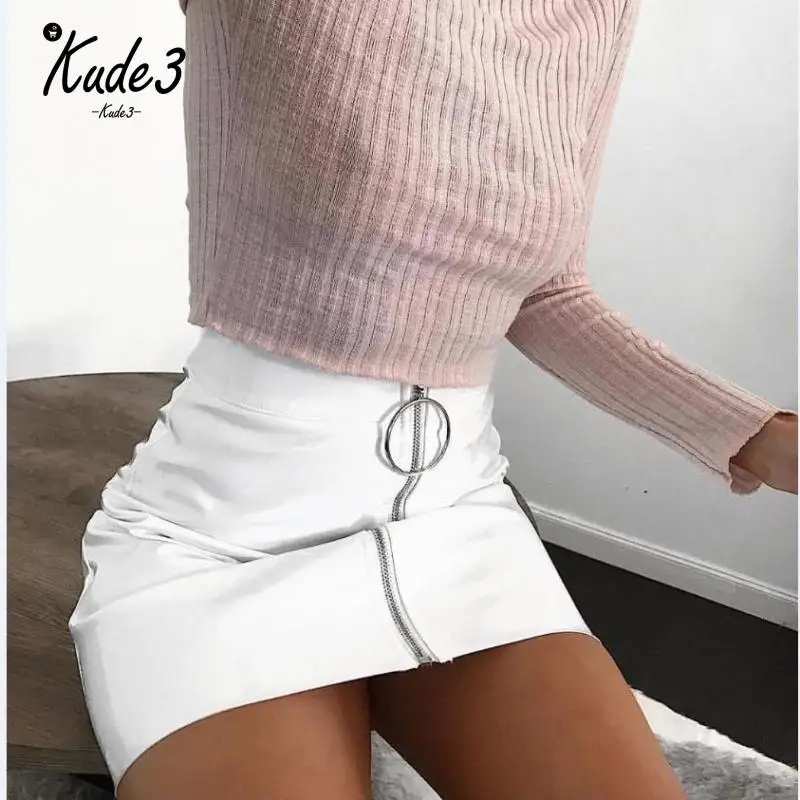 

KUDE Sexy Women Fashion High Waist Zip Faux Leather Short Pencil Bodycon Mini Skirt New Solid White Skirt Denim Skirts 7479