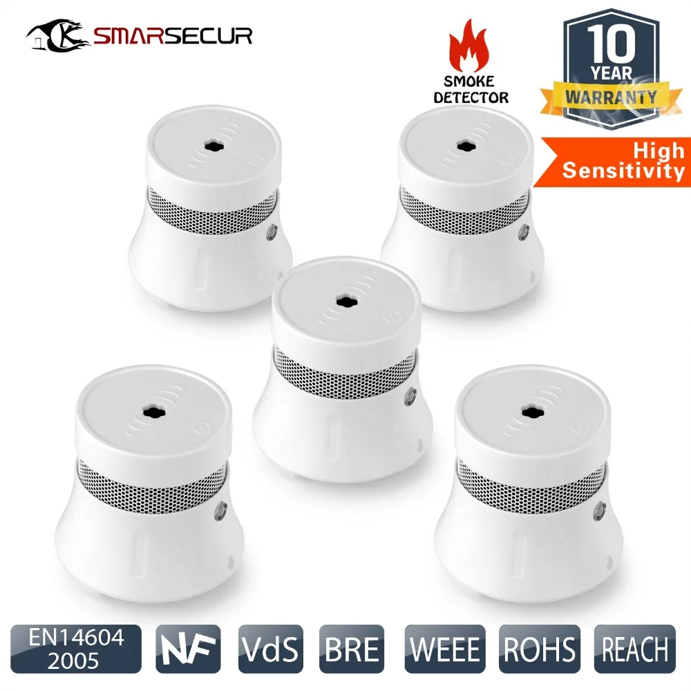 

SMARSECUR 5PCS Smoke Detector, EN14604, CE Certified Photoelectric Smoke Sensor Fire Alarm with 5-Year Battery Operated 85dB