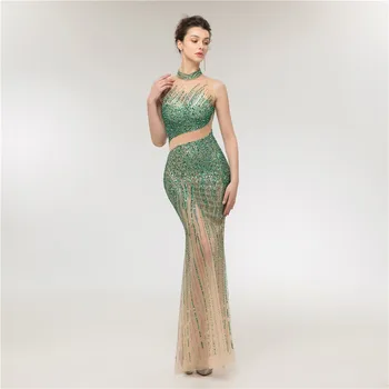 

New Arrival Elegant Beading Crystal Formal Party Gown Sexy See Through Sheath High Neck Sequined Mermaid Evening Dresses