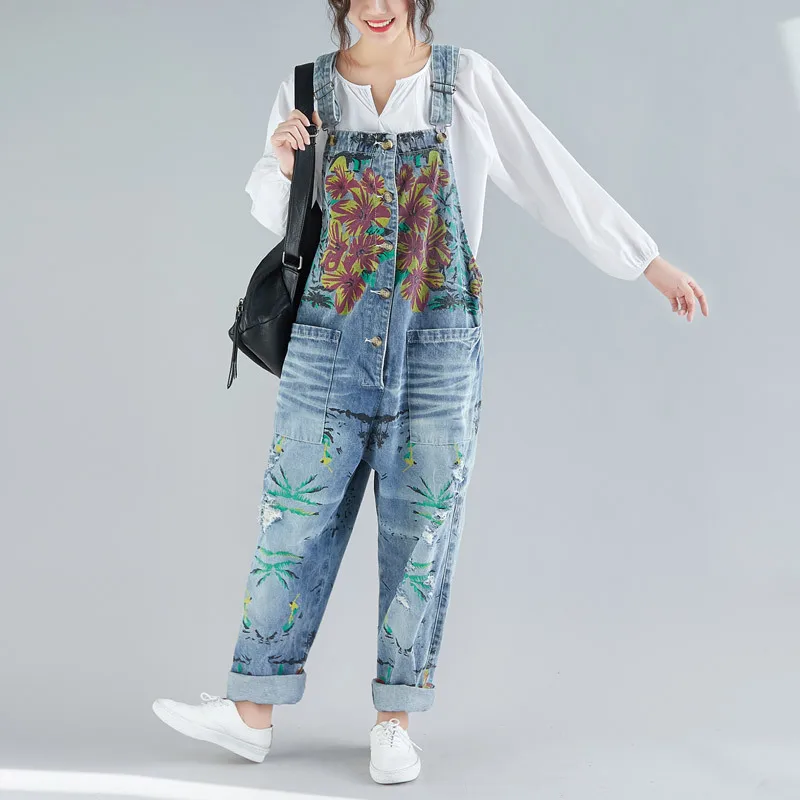 

Baggy Denim Overalls for women 2019 Print Bib Suspenders jean Pants Large size Denim Jumpsuits Baggy Cowboy Wide Leg Rompers