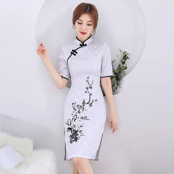 

Sexy Lady Cheongsam Vintage Chinese Mandarin Collar Dress 2019 New Womens Summer Qipao Slim Party Dresses Vestido Flowers S-3XL