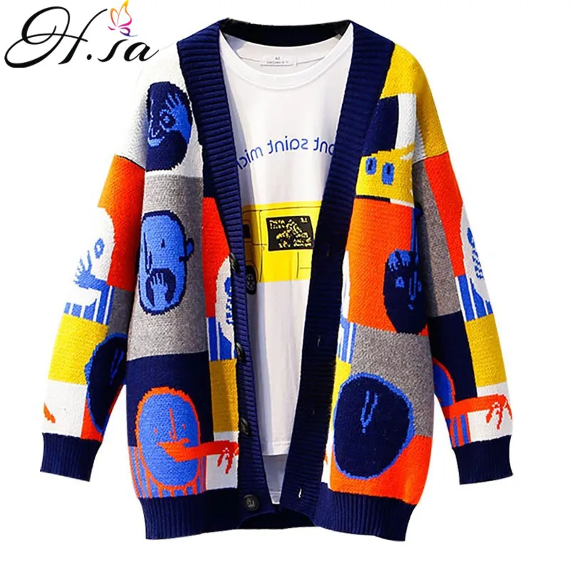 

H.SA Women Vintage Sweater Cardigans Casual Patchwork Cute Knit Ponchoes Single Breated Sweater Long Jacket Knit Coat jumper