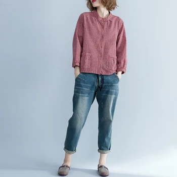 

2019 summer new cotton and linen women blouse and shirts loose bow plaid lady shirts outwear tops