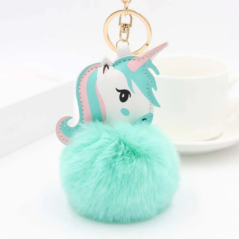 

Pom Unicorn Keychain Rabbit Fur Ball Horse Key chain porte clef holder fluffy pompon Bag Car Key Ring For Women Accessories