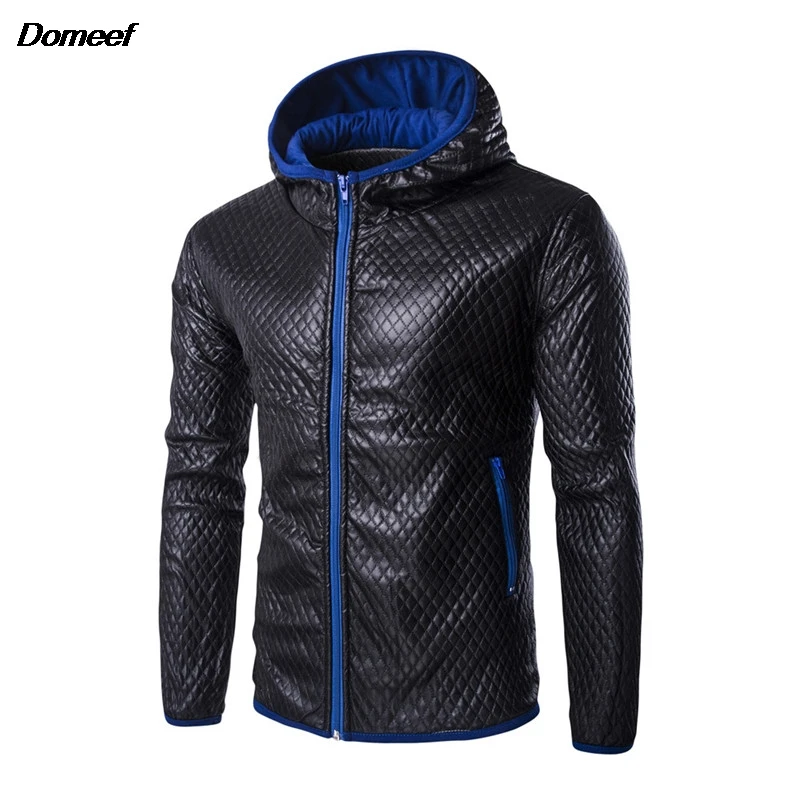 Domeef Autumn Plaid Hooded Men Leather Jackets Fashion Male Motorcycle Jacket Slim Fit Mens Faux Leather
