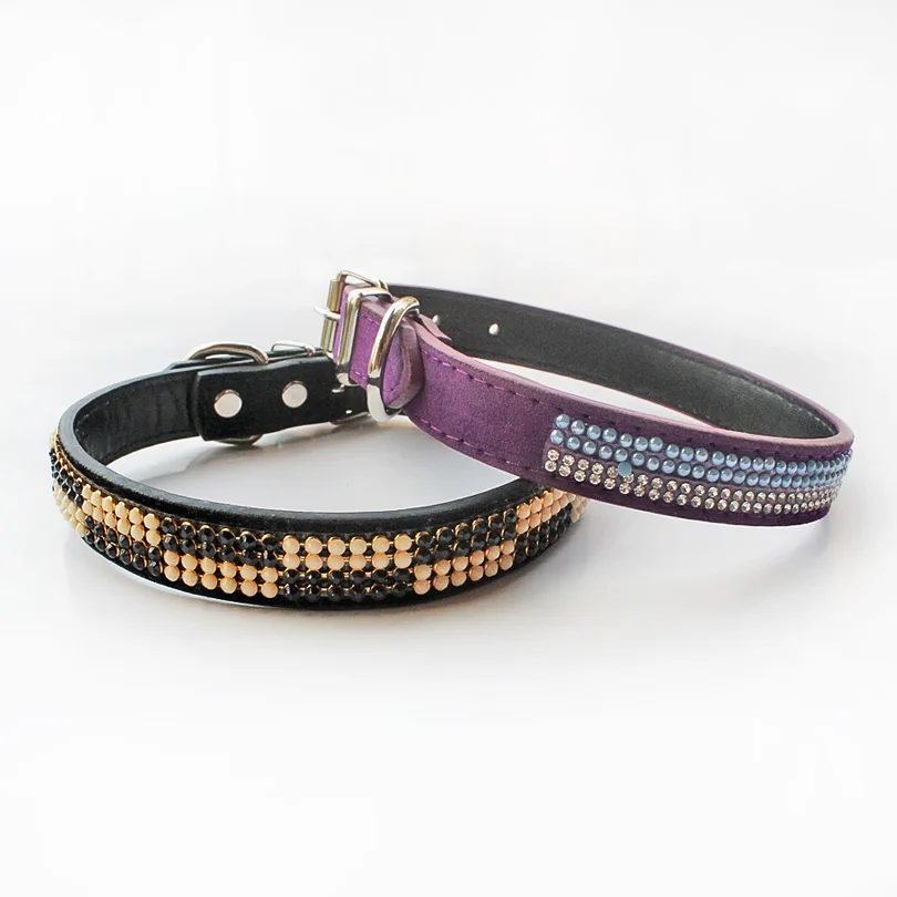 Color Diamond Dog Collars Flocking PU Leather Pet Accessories