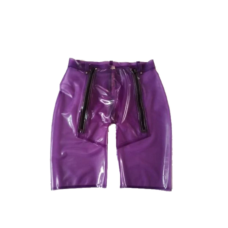 

100% Latex Shorts Rubber Purple Men Shorts Briefs Three Zipper 0.4mm XXS-XXL