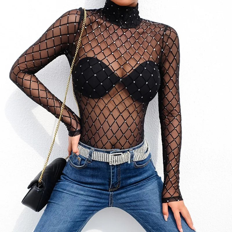 JIEZuoFang Mesh Bodysuit Women Sexy Transparent Slim Party Jumpsuit Short See Through Long Sleeve Turtleneck Bodysuits