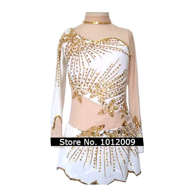 Cheap Customized Costume Ice Skating Figure Skating Dress Gymnastics Adult Child Girl Skirt Competition White Golden Edge Rhinestone