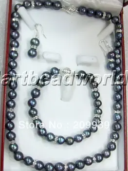 

huij 002081 9mm black color freshwater pearl necklace bracelet earring ss925 stud set can choose