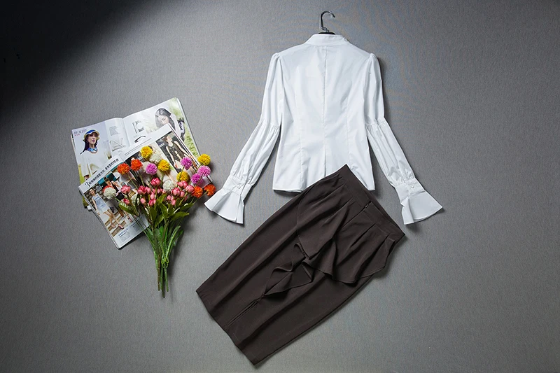 Женская Высококачественная Элегантная блузка со стоячим воротником и оборками, рукав-фонарик, шикарная блузка, женская тонкая белая блузка OL