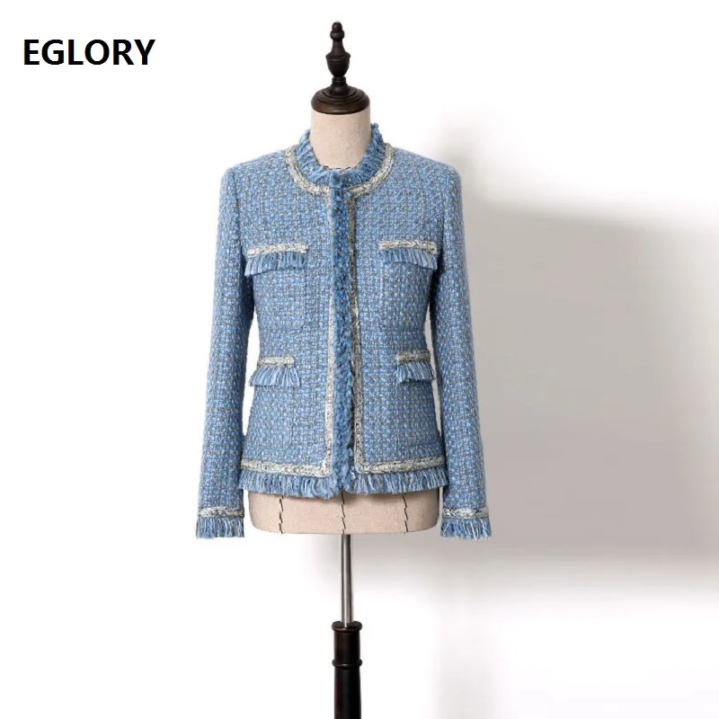 

2019 Autumn Fashion Jackets Women Golden Yarn Patchwork Long Sleeve Blue Woolen Tops Coat Jacket Ladies Classic Coat Outerwear