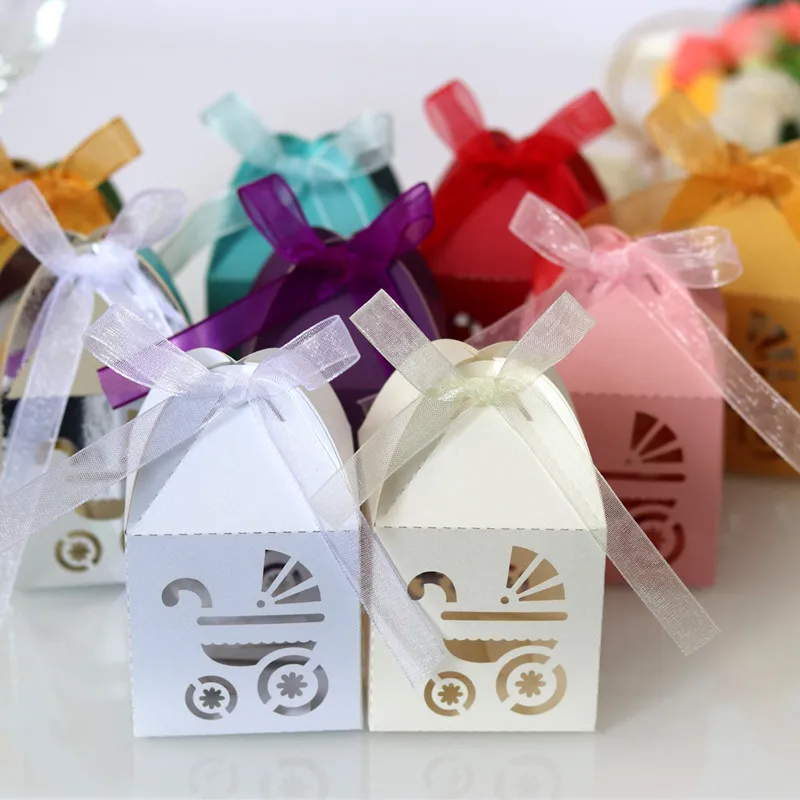 

10pcs Laser Cut Hollow Carriage Favors Gifts Candy Boxes with Ribbon Baby Shower Boite Dragees De Mariage Wedding Party Supplies