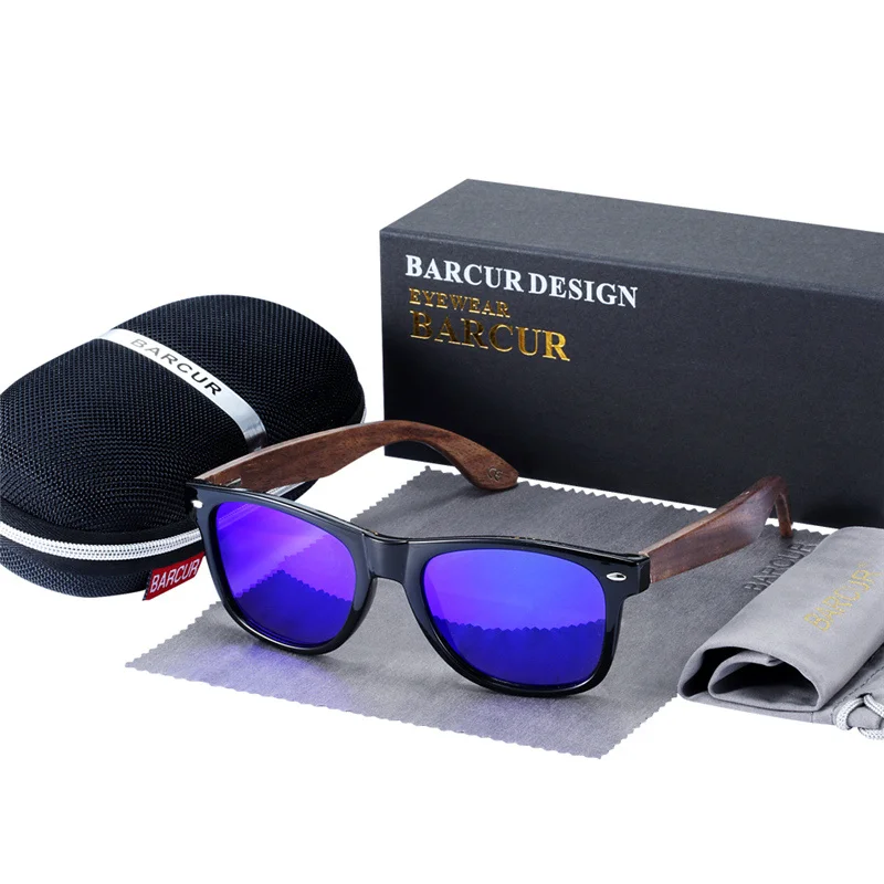 BARCUR, высокое качество, черные солнцезащитные очки, орех, анти-отражательные, для мужчин и женщин, зеркальные солнцезащитные очки, мужские, UV400, деревянные солнцезащитные очки - Цвет линз: Dark Blue Polarized