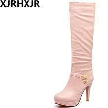 XJRHXJR/Сапоги до колена белого, черного, розового цвета модные женские сапоги для верховой езды на тонком высоком каблуке с круглым носком на осень-зиму; размеры 32-43