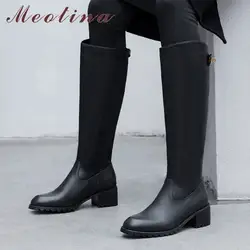 Meotina/зимние сапоги до колена; женские высокие сапоги из натуральной кожи на блочном каблуке; обувь на молнии с круглым носком; Женская