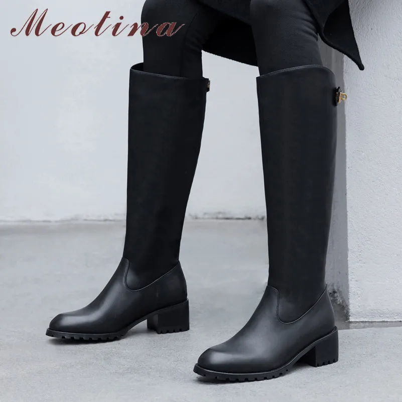 

Meotina Winter Knee High Boots Women Natural Genuine Leather Block Heels Long Boots Zipper Round Toe Shoes Lady Fall Size 34-39