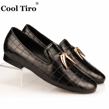 

COOL TIRO Men Loafers Leather Black Crocodile Pattern Slipper Slip on Men's Moccasins Casual Man Flats Party Wedding Dress Shoes