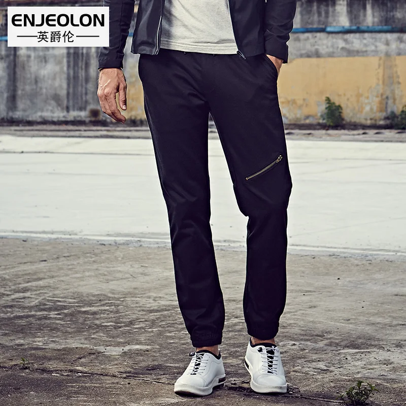 

Enjeolon brand long trousers men Black cotton sweatpants men fake zipper quality pants males cotton Causal patns male K6072