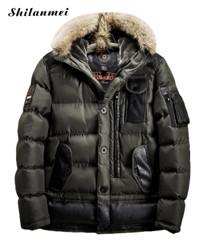 Men's Casual Fur Parkas Big Size Solid Army Green Winter Jacket Men