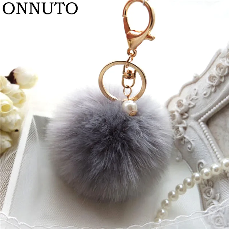 

8cm Fluffy Rabbit Fur Ball Keychain Pearl Key Chain Fur Pompons Keychain Fur Pompom Keychain Porte Clef Charm