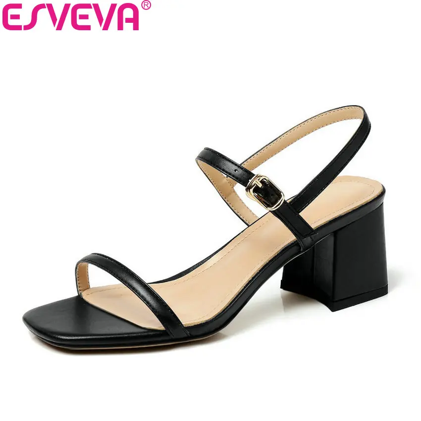 

ESVEVA 2018 Women Sandals Cow Leather Square High Heels Summer Shoes Buckle Strap Concise Slingback Shoes Women Size 34-39