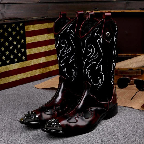 

Free shipping Spring and autumn Men's shoes Casual Work Mid-Calf boots Pointed Toe Genuine Leather Rivets Motorcycle boots