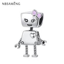 NBSAMENG 925 cuentas de plata de ley esmalte Rosa energía amor corazón Robot colgante encanto Ajuste Original Pandora pulseras DIY joyería(China)