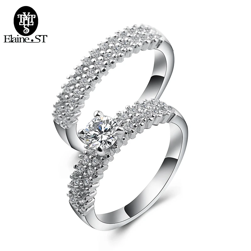 Copper Beauty Pair Crystal Jewelry Promise Double Rings For Couples Men Women Silver Color Pairs Wedding Rings Set