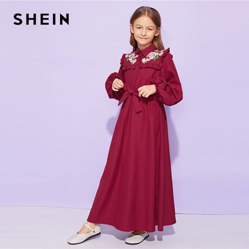 SHEIN/милое Бордовое платье с оборкой и поясом для девочек; детская одежда; коллекция года; весеннее повседневное длинное платье трапециевидной формы с длинными рукавами и пуговицами