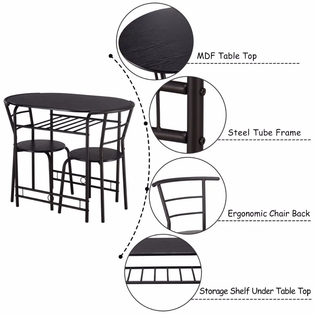 Giantex 3 PCS Dining Set Table and 2 Chairs Home Kitchen Breakfast Bistro Pub Furniture Modern Dining Room Furniture HW57334BK