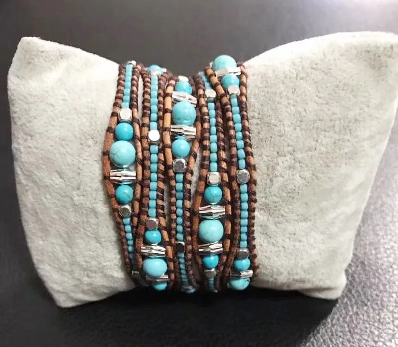 

blue mix size stone with long metal beads wrap bracelet