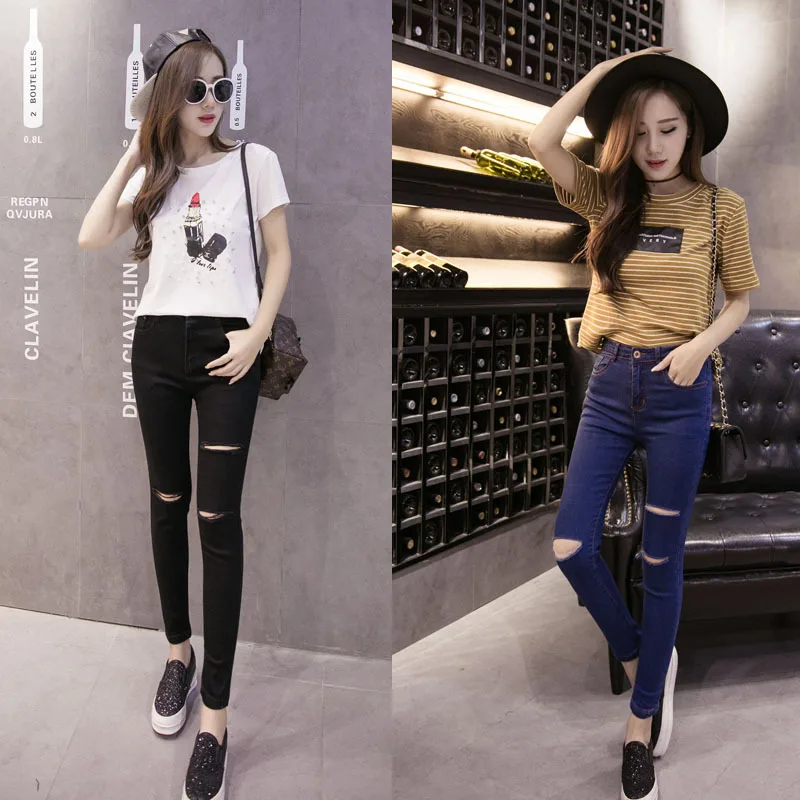 Korean Autumn Winter Casual Slim Thin Hole Jean Femme Pant Ripped Jeans