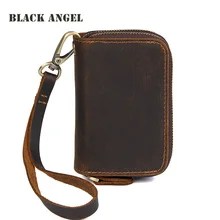 Черный Ангел винтажный из натуральной коровьей кожи автомобильный мужской держатель для ключей чехол на двойной молнии ключница Кошелек для монет