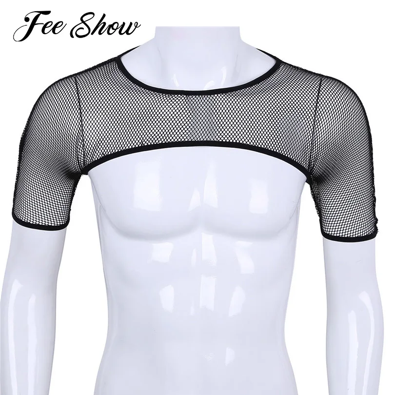 

Sexy Men See Through Mesh Fishnet Crop Top Men Gay Chest Strap Harness Short Sleeves Crop Tops Hollow Out Clubwear Half Tank Top