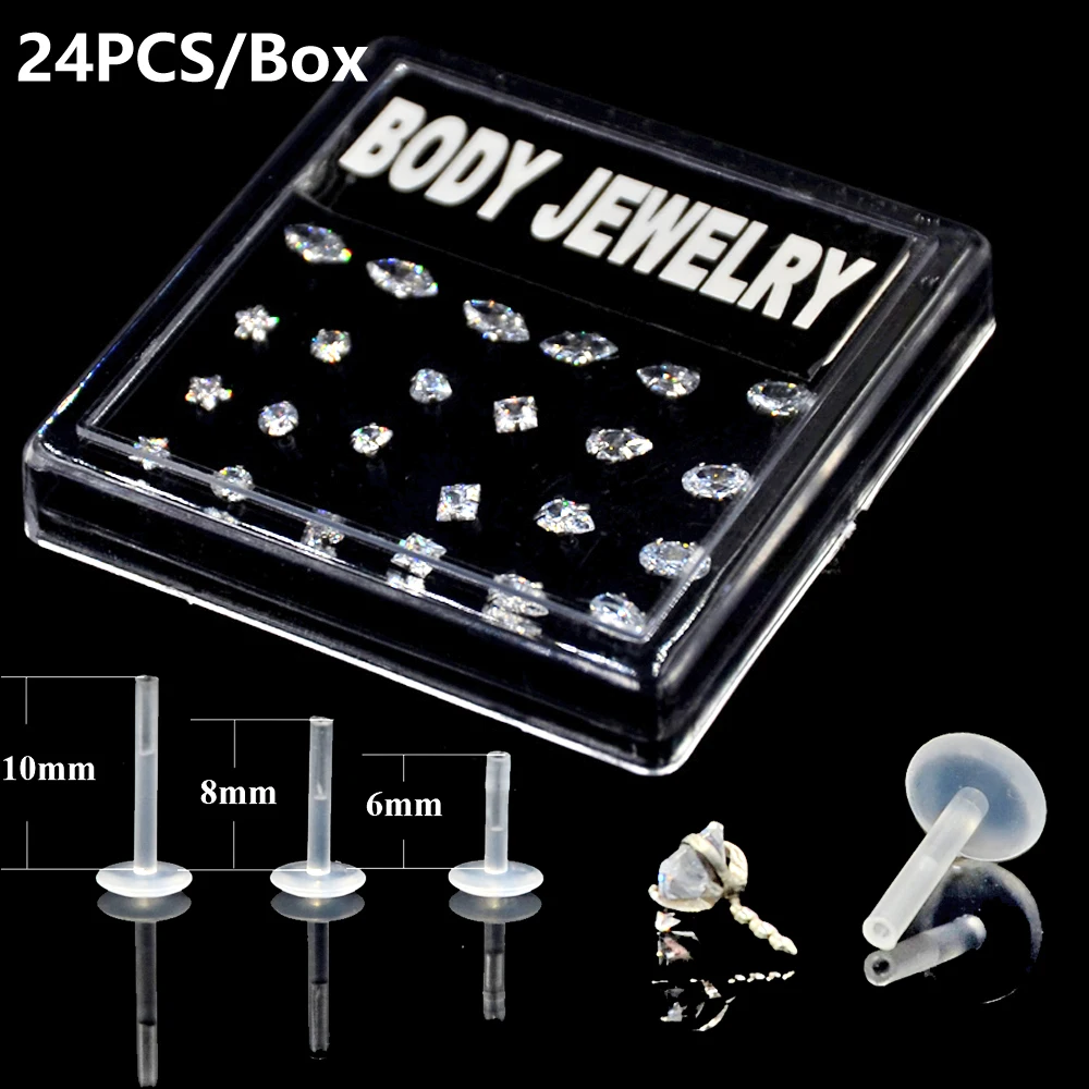 

BOG-24PCS/Box Mixed 7 Designs Bioplast Flexible Labret Stud Lip Ring Horse Eye Ellips Ear Tragus Ear Cartilage Earring Piercing