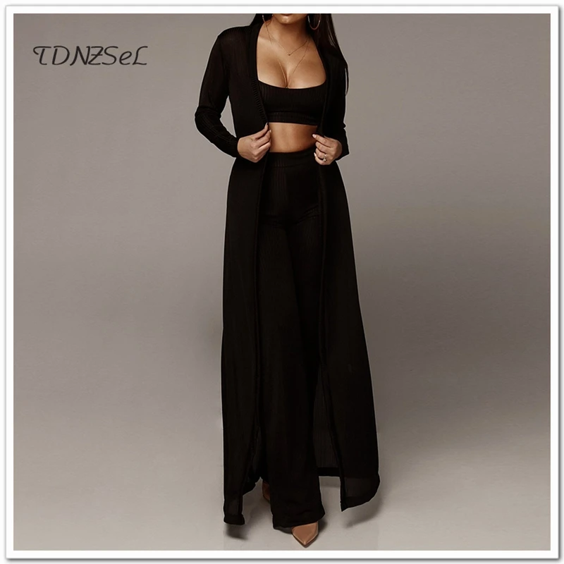 Women Casual Cover Up Robe Trousers 3 Three Piece Set Vest Crop Tops Long Sleeve Tunics Suit Elastic High Waist Wide Leg Pants Women's Sets